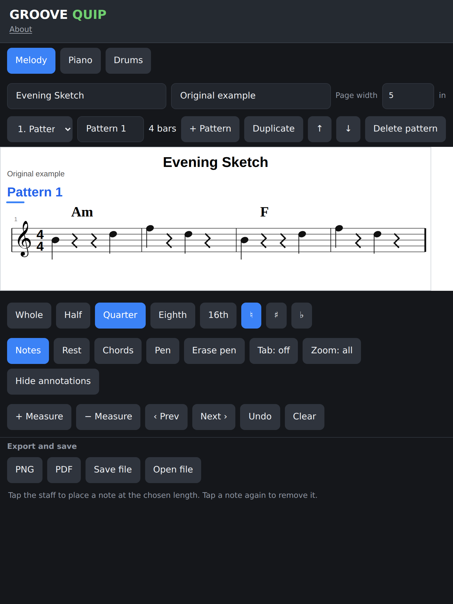 Groove Quip showing a short melody score with chord symbols and no pen annotations
