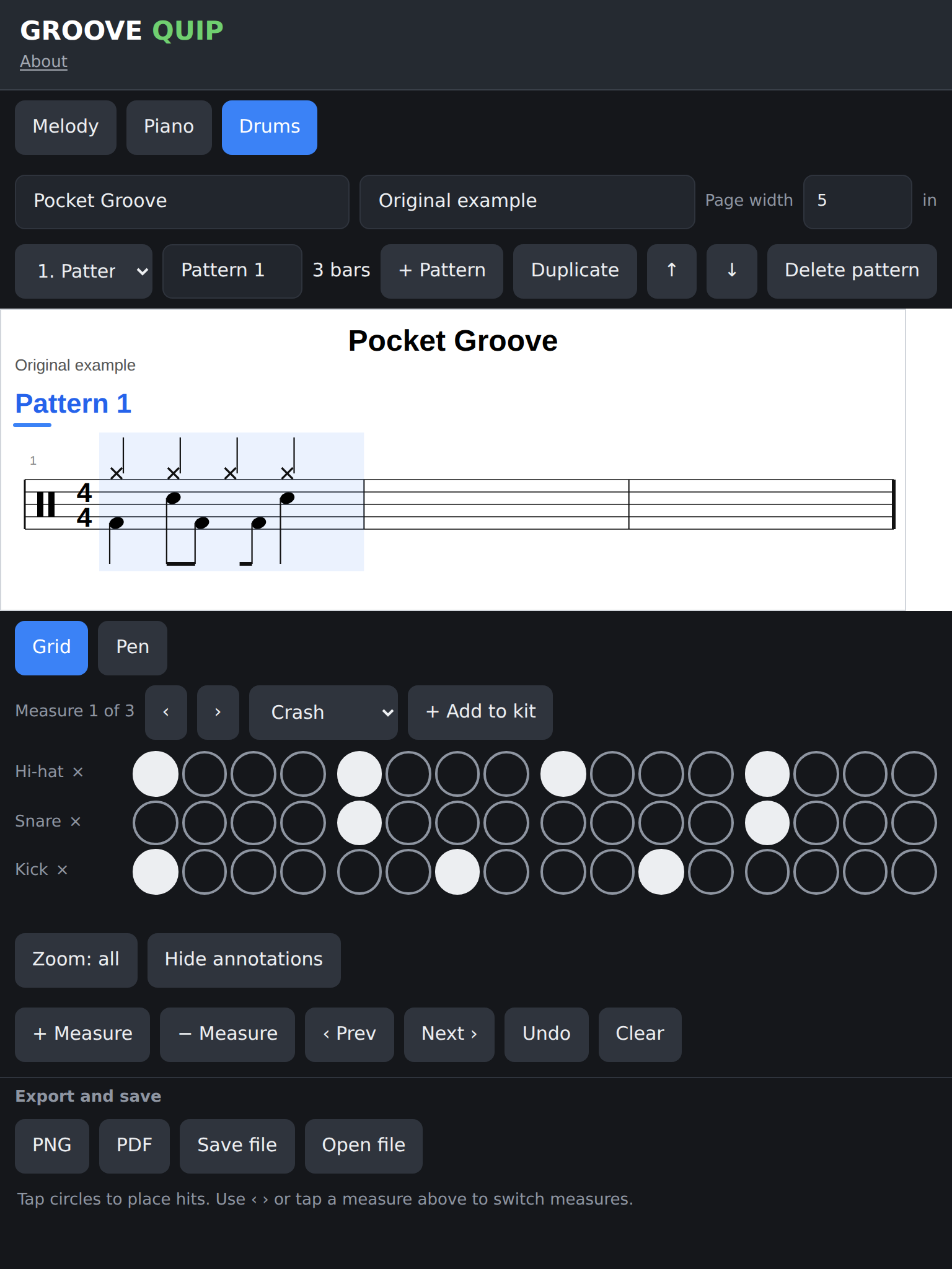 Groove Quip drum mode showing percussion notation above a step grid for hi-hat, snare, and kick