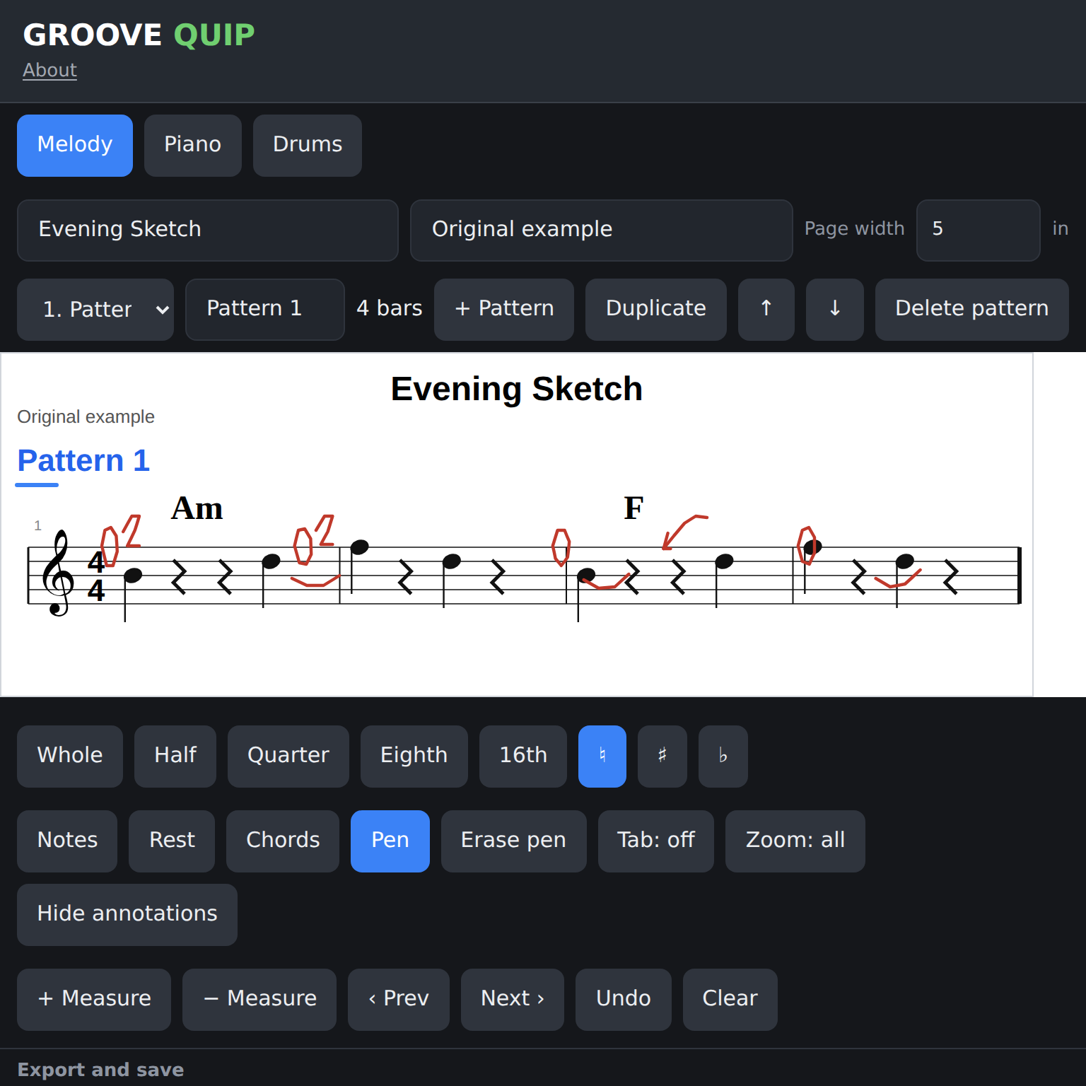 Groove Quip melody score with several red handwritten circles, arrows, and marks across the music