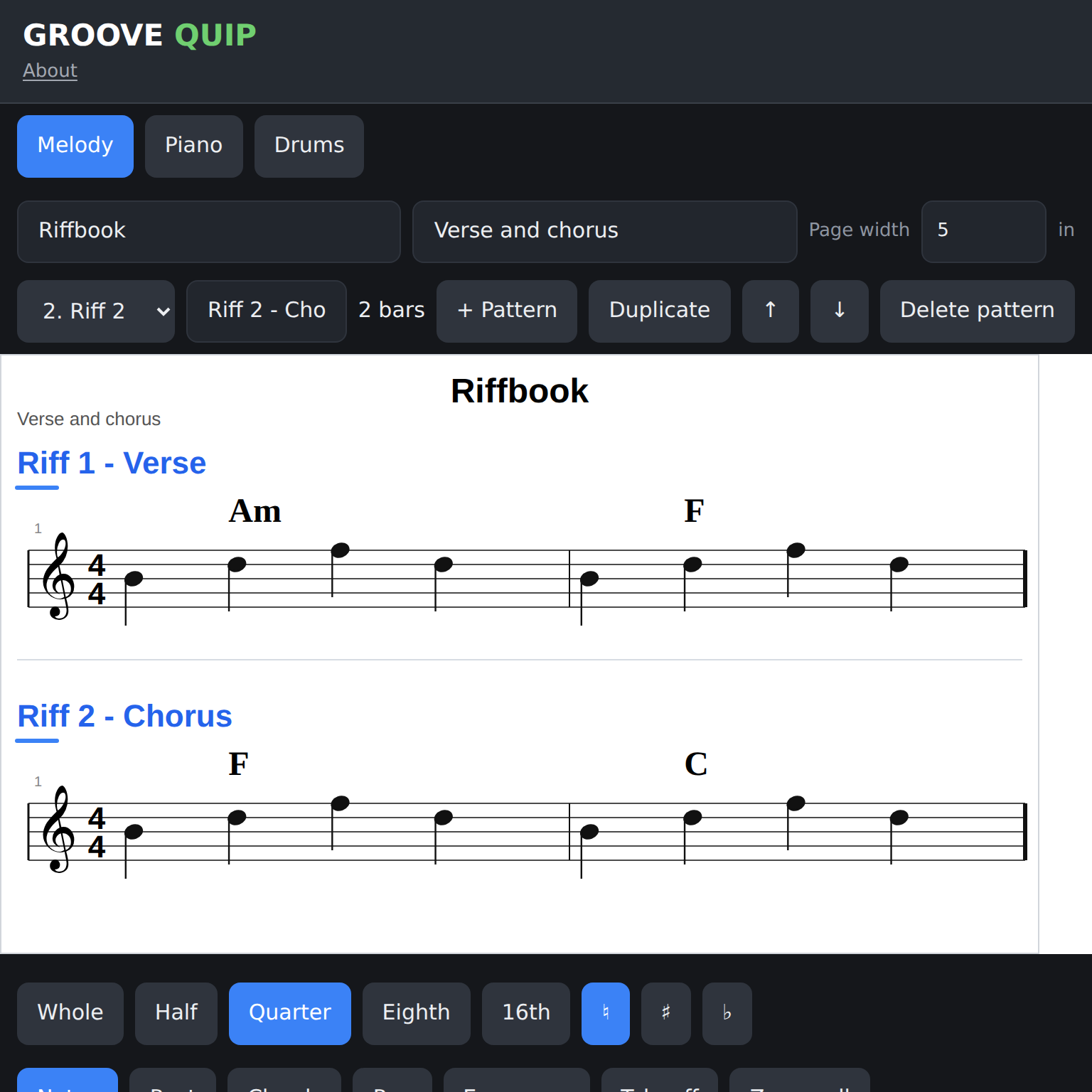Two separate two-bar melody patterns in Groove Quip, named Riff 1 - Verse and Riff 2 - Chorus, with different notes and chords